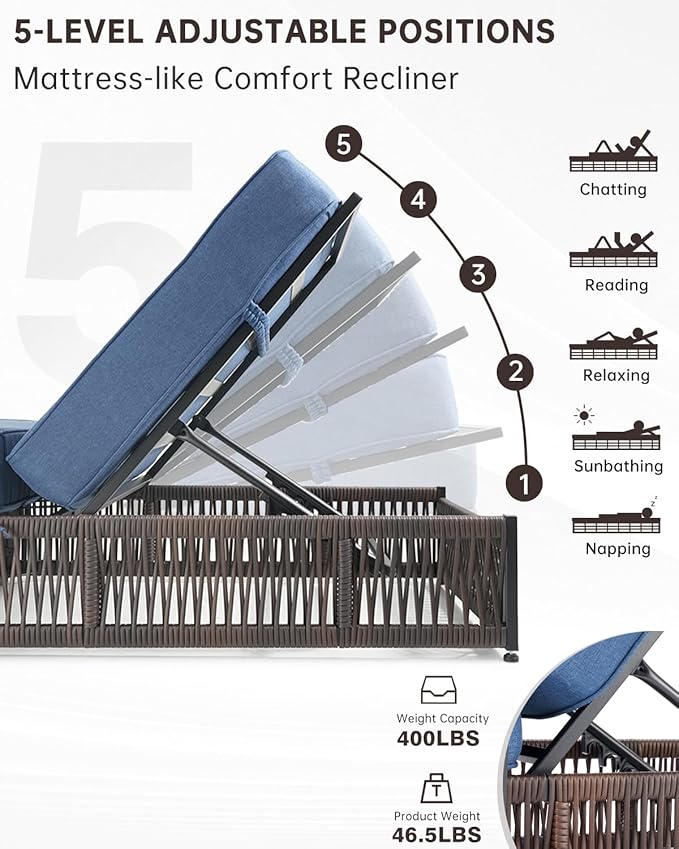 Luxury Outdoor Chaise Lounges with 5 Inch Thickened Cushions - Set of 2 High Back Brown Wicker Patio Recliners Rattan Reclining Chairs Porch Poolside Pool Sunbathing Lounger - Navy Blue