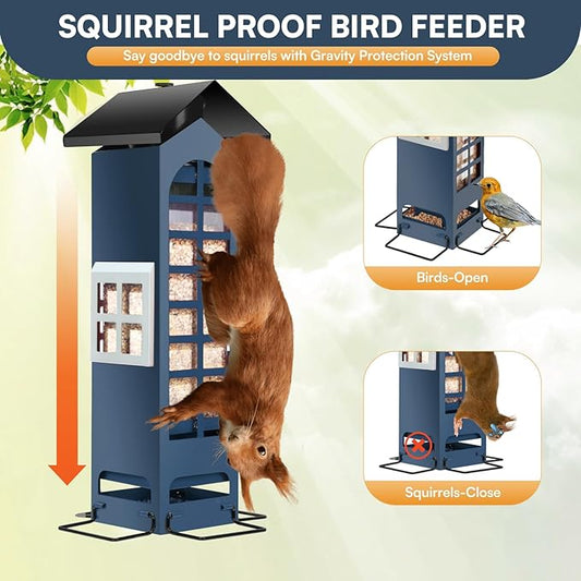 Squirrel Proof Bird Feeder,Mesh Metal Bird Feeders for Outdoors Hanging,2LB Large Capacity, Gravity Protection Squirrel Proof Wild Bird Feeders with Finch Cardinal Chickadee (Blue)