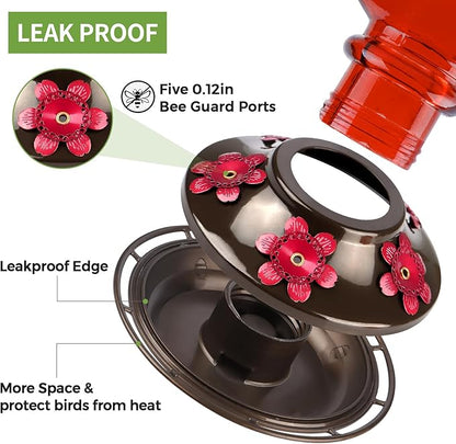 Hummingbird Feeder, BOLITE Glass Hummingbird Feeders for Outdoors Hanging, with Ant Moat and Five Feeding Ports, 22 Ounces, Leak Proof, Red, Birthday Gifts for Women Men, Gifts for Mom Dad