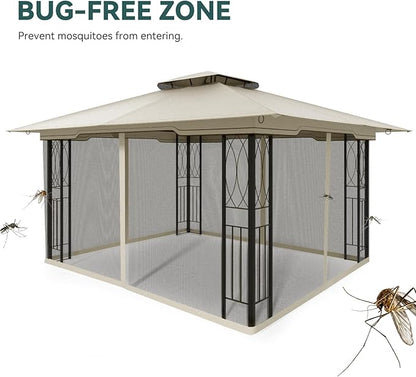 11x13 Outdoor Patio Gazebo with Mosquito Netting and Corner Frame Screen Wall, Double Roofs Metal Frame Party Canopy Tent Shelter for Backyard Garden Deck - Tan