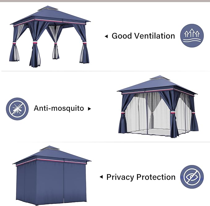 LAUSAINT HOME Outdoor Patio Gazebo 10'x10' with Expansion Bolts, Heavy Duty Gazebos Shelter Party Tent with Double Roofs, Mosquito Nettings and Privacy Screens for Backyard, Garden, Lawn, Elegant Blue