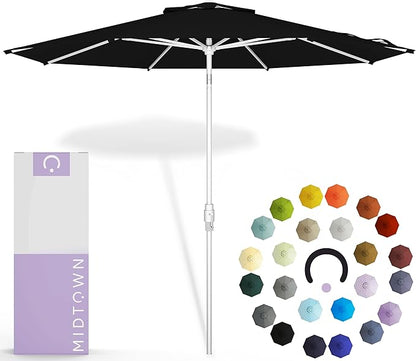 Midtown Umbrellas The Swilt 10 Feet Patio Umbrella in Terylast Ebony (Black) Polyester Fabric - Fiberglass Ribs, Auto-Tilt Aluminum Frame For Backyard, Deck, Garden, Pool - White Pole