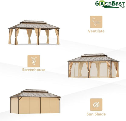 12x20 ft Hardtop Gazebo Outdoor Aluminum Patio Gazebo Double Roof Galvanized Steel Canopy with Netting and Curtains for Garden, Backyard,Deck and Lawns