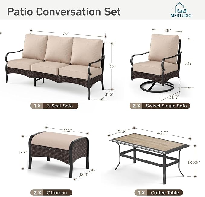 MFSTUDIO 6 PCS Outdoor Patio Furniture Set, Metal Outdoor Conversation Set, Rattan Wicker Patio Sectional Sofa Set with 2 x Swivel Single Sofa, 3-Seat Sofa, 2 x Ottoman, 1 x Coffee Table, Beige