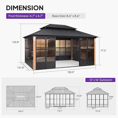 PURPLE LEAF 12' X 16' Sunroom Patio Hardtop Gazebo Double Top Galvanized Steel Screen House Aluminum Sun Room Outdoor Solarium for Garden Backyard and 24 Solar String Light
