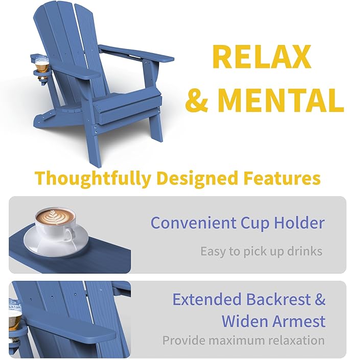 Kingdura Foldable Adirondack Chair, Portable HDPE All Weather Resistant Outdoor Patio Chair, Wooden Textured with Cup Holder, 380LBS Capacity for Poolside, Backyard, Deck, Fire Pit (Navy Blue)