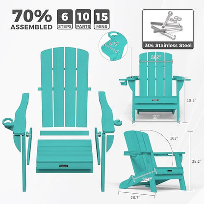 Folding Adirondack Chair Wood Texture 6 Pack, HDPE All-Weather Fire Pit Chairs, Plastic Adirondack Chairs with 2 Cup Holder, Outdoor Lawn Chair for Patio Garden (Lake Blue)