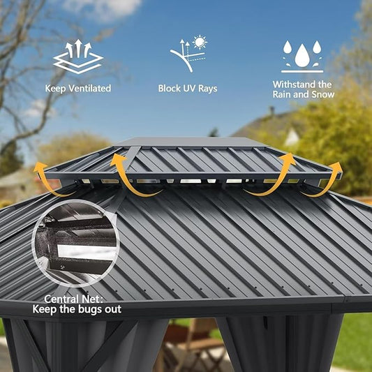 Domi 12’ X 16’ Hardtop Gazebo Canopy with Netting & Curtains, Outdoor Metal Gazebo with Galvanized Steel Double Roof for Patio Lawn and Garden, Gray