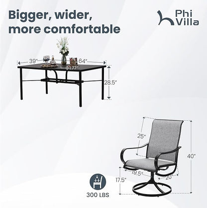 PHI VILLA 7 Piece Outdoor Patio Dining Set, 6 Swivel Patio Chairs & 1 Rectangular Large Metal Table, All Weather Dining Furniture Set for Lawn Garden (Gray)