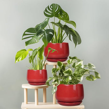 G EPGardening Ceramic Plant Pots - 9 Inch Flower pots for Indoor Outdoor Plant, Round Planter with Drainage and Saucer, Modern Home Decor, Gift for Women Men, Red