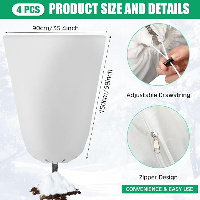 4 Pcs Plant Covers Freeze Protection 35.4" x 59" Winter Frost Blankets for Outdoor Plants with Zipper Drawstring Frost Cloth Freeze Covers Warm Shrub Jacket for Fruit Tree Potted(White)