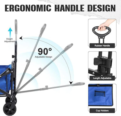 Beach Wagon with Big Wheels for Sand,Collapsible Folding All Terrain Utility Wagons Carts Foldable with Brakes for Sand Camping Sports Outdoor.