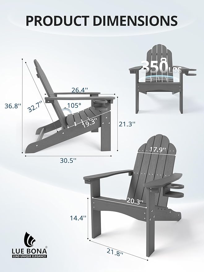 LUE BONA HDPE Adirondack Chairs Set of 4,Plastic Adirondack Chairs with Cup Holder Weather Resistant for Outdoor, Patio, Lawn, Garden, Backyard Deck, Fire Pit, Dark Gray