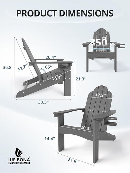 LUE BONA HDPE Adirondack Chairs Set of 4,Plastic Adirondack Chairs with Cup Holder Weather Resistant for Outdoor, Patio, Lawn, Garden, Backyard Deck, Fire Pit, Dark Gray