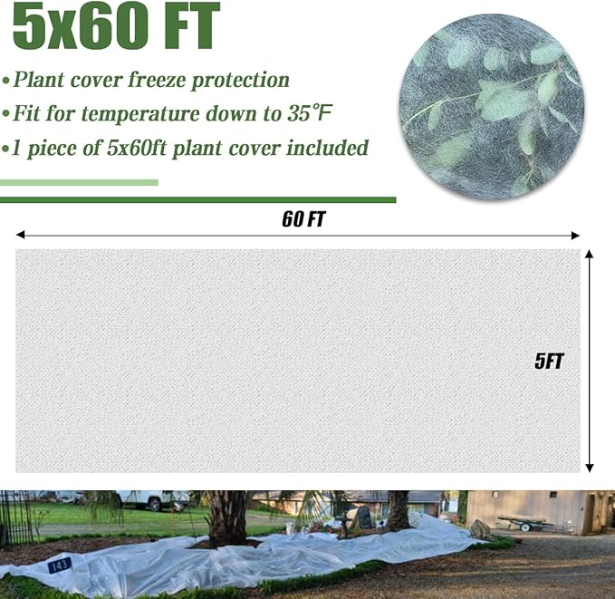 Plant Covers Freeze Protection, 5FT x 60FT 0.9oz Reusable Floating Row Cover Plant Blankets Frost Cloth for Clod Winter Frost Sun Pest Protection