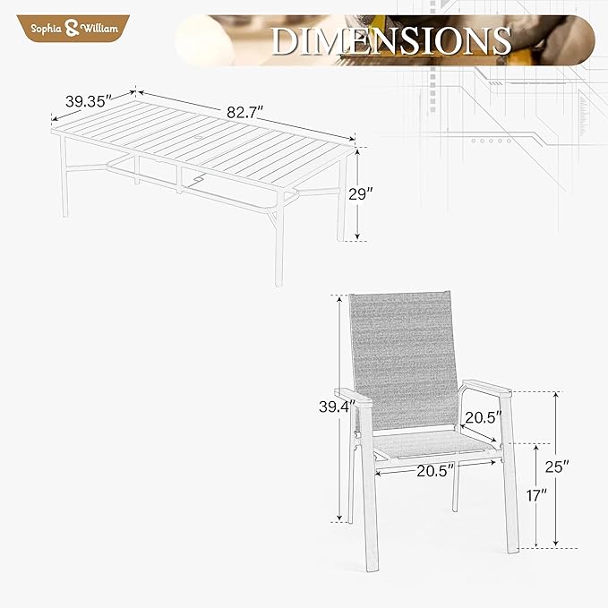 Sophia & William Patio Dining Set 9 Pieces, Patio Table and Chairs Set for 8, 83"x 39" Large Rectangular Metal Dining Table and 8 x Lightweight Aluminum Stackable Chairs (Grey)