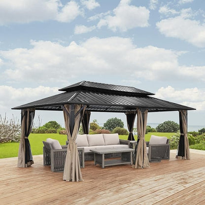 12' x 20' Hardtop Gazebo, Outdoor Patio Gazebo, Aluminum Frame Patio Hardtop Gazebos with Netting and Curtain, Outdoor Patio Pergola with Double Steel Roofs for Deck, Lawns, Parties, Sandstone
