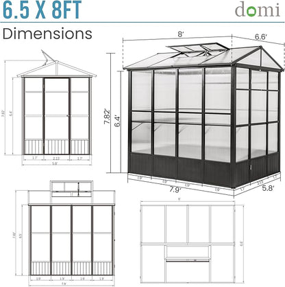 Domi 6.5x8FT Polycarbonate Greenhouse with Automatic Vent, Extra Tall 7.8FT Walk-in Aluminum Frame, Weather-Resistant Green House with Shelves & Hooks for Outdoor Garden, Backyard, Dark Grey