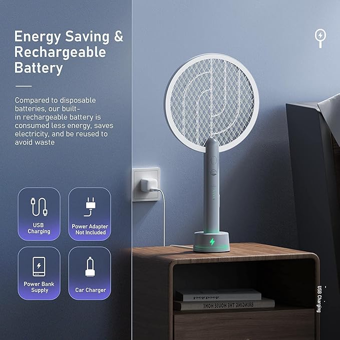 Electric Fly Swatter Racket, Mosiller 4000V 2 in 1 Bug Zapper with USB Rechargeable Base, Powerful Mosquitoes Trap Lamp & Fly Killer with 3-Layer Safety Mesh for Home, Indoor, Bedroom, Patio (2 Pack)