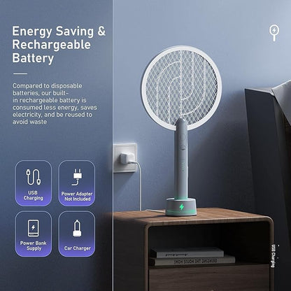 Electric Fly Swatter Racket, Mosiller 4000V 2 in 1 Bug Zapper with USB Rechargeable Base, Powerful Mosquitoes Trap Lamp & Fly Killer with 3-Layer Safety Mesh for Home, Indoor, Bedroom, Patio (2 Pack)