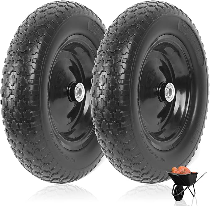 (2-PACK) 4.80/4.00-8" Flat Free Tire and Wheel - Universal Fit 14.5" Solid Wheelbarrow Tires with 3" Hub and 5/8" Bearings – Extra Adapter kit includes 3/4" Ball Bearings, 1" and 1/2" Nylon Spacers