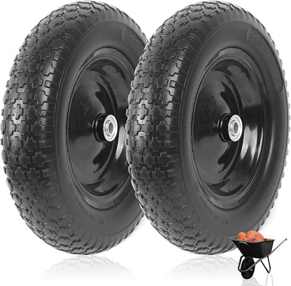 (2-PACK) 4.80/4.00-8" Flat Free Tire and Wheel - Universal Fit 14.5" Solid Wheelbarrow Tires with 3" Hub and 5/8" Bearings – Extra Adapter kit includes 3/4" Ball Bearings, 1" and 1/2" Nylon Spacers
