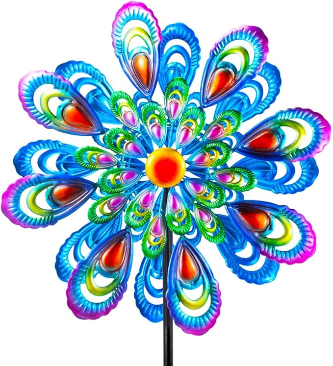 Peacock Wind Spinner, 21" Dia Large Kinetic Wind Sculptures & Spinners Outdoor, 68 Inch Tall Metal Windmill for Garden Yard Decor