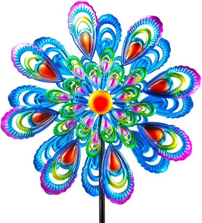 Peacock Wind Spinner, 21" Dia Large Kinetic Wind Sculptures & Spinners Outdoor, 68 Inch Tall Metal Windmill for Garden Yard Decor
