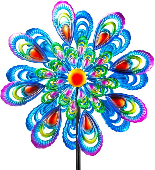 Peacock Wind Spinner, 21" Dia Large Kinetic Wind Sculptures & Spinners Outdoor, 68 Inch Tall Metal Windmill for Garden Yard Decor