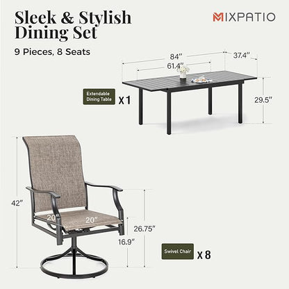 9 Pieces Patio Dining Set, Outdoor Table and Chairs, 8 x Textilene Swivel Dining Chairs and 61" Expandable Patio Dining Table, for Cozy Garden Settings, Grayish Brown