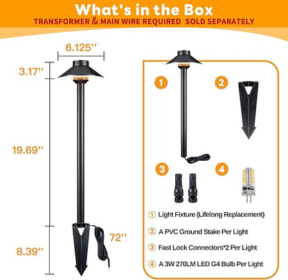 Gardenreet Brass Low Voltage Path Lights - 12V Landscaping Pathway Light IP65 Waterproof, Wired Walkway Lighting Outdoor, LED Black for Lawn Backyard with 3W 5000K Daylight G4 Bulb (8 Pack)