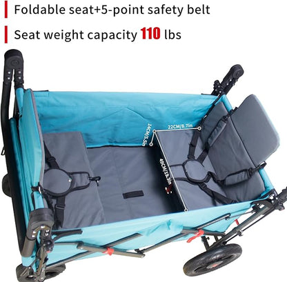 Foldable Wagon with Canopy - Collapsible Utility Cart with 2 Seats & Belts, Adjustable Handle, Expandable Front for Camping, Picnic, Shopping (Turquoise/Grey)