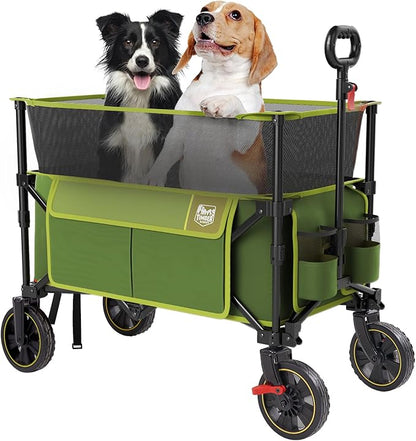 TIMBER RIDGE 350L Extra Large Collapsible Folding Wagon Carts with Brake, Heavy Duty Outdoor Camping Utility Wagons with Extended Height, Adjustable Handle, Cup Holders, Side Bag(Green)