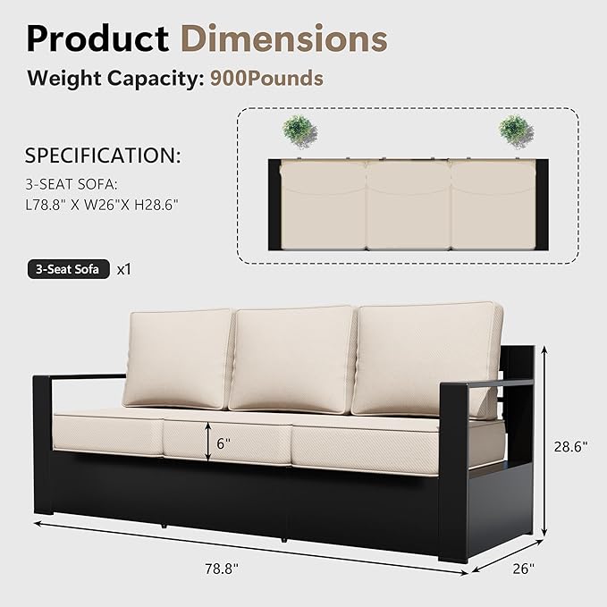 Outdoor Patio Furniture Aluminum Patio Sofa, All-Weather Metal Outdoor Couch with 6 Inch Thick Cushions for Garden, Outside and Porch (Beige, 1 PCS/Sofa)