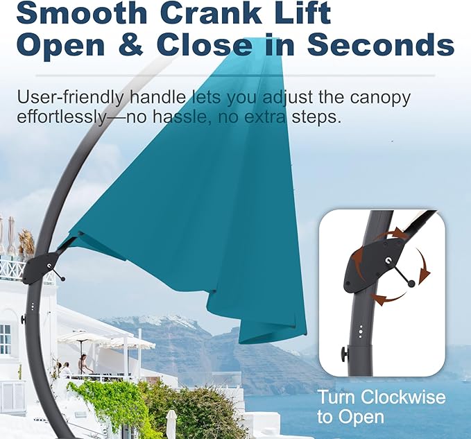 11FT Cantilever Umbrella with Base Large Curvy Outdoor Aluminum Offset Umbrella w/ 360° Rotation, UV Resistant Canopy for Patio, Garden, Backyard, Lake Blue