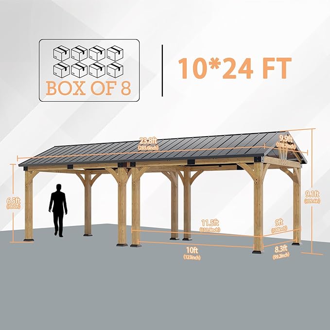 10x24 ft Cedar Wood Gazebo, Hardtop Gazebo with Galvanized Steel Peak Roof, Outdoor Pavilion for Snow Support, Wind Resistance, PowerPort, Shade for Garden, Patio, Deck