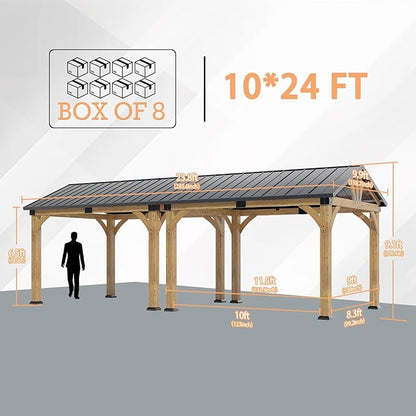 10x24 ft Cedar Wood Gazebo, Hardtop Gazebo with Galvanized Steel Peak Roof, Outdoor Pavilion for Snow Support, Wind Resistance, PowerPort, Shade for Garden, Patio, Deck