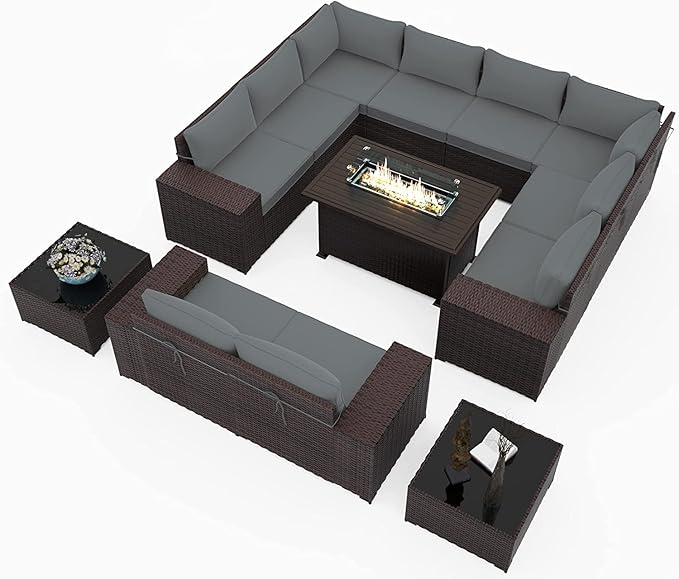 Outdoor Patio Furniture Set with Propane Fire Pit Table, 13 Pieces Outdoor Furniture Patio Sectional Sofa Conversation Sets w/ETL Approved 43" Gas Outdoor Fire Table & Coffee Table (Grey)