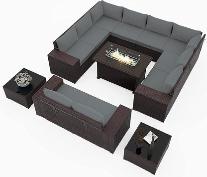 Outdoor Patio Furniture Set with Propane Fire Pit Table, 13 Pieces Outdoor Furniture Patio Sectional Sofa Conversation Sets w/ETL Approved 43" Gas Outdoor Fire Table & Coffee Table (Grey)