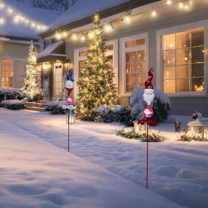 Solar Christmas Decorations Outdoor,2 Pack Snowman＆Santa Claus Xmas Pathways Lights,Christmas Solar Garden Stake Lights for Outside Lawn Patio Landscape