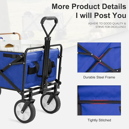 Garden Cart Folding Wagon Garden Cart Collapsible Wagon with Adjustable Handle &360°Universal Wheels for Garden Camping Shopping Beach (Blue)