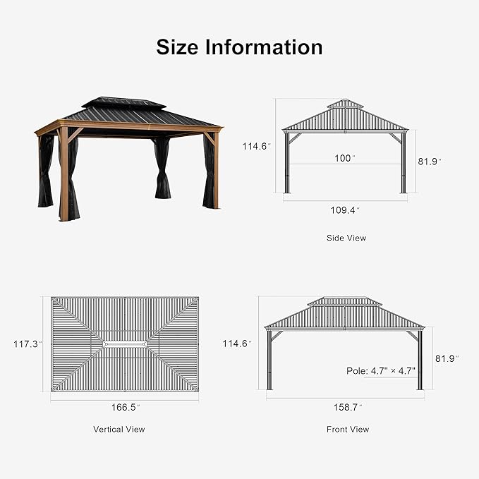 PURPLE LEAF 10' X 14' Outdoor Hardtop Gazebo with Storage Box for Patio Galvanized Steel Double Roof Permanent Canopy Teak Finish Coated Aluminum Frame Pavilion Gazebo with Netting