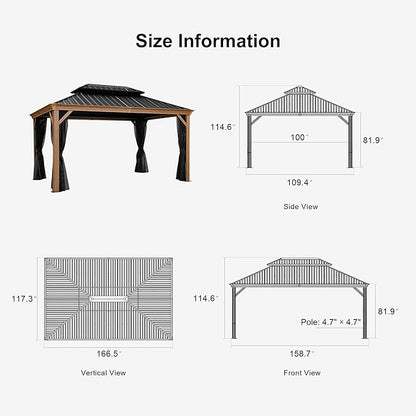 PURPLE LEAF 10' X 14' Outdoor Hardtop Gazebo with Storage Box for Patio Galvanized Steel Double Roof Permanent Canopy Teak Finish Coated Aluminum Frame Pavilion Gazebo with Netting