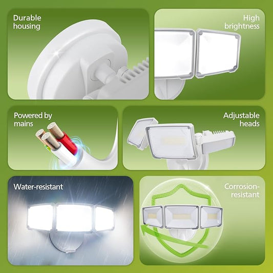 Philips 72W 7400LM LED Flood Lights Outdoor, Switch Controlled Aluminum Security Lights, 3 Adjustable Heads, Wall Mount, 5000K Daylight, Waterproof for Yard, Garage