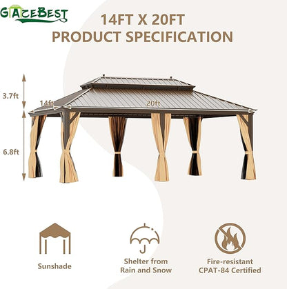 14' X 20' Hardtop Gazebo, Outdoor Galvanized Steel Double Roof Permanent Aluminum Frame Pavilion Pergola Canopy with Privacy Curtains for Garden, Patio, Backyard, Deck and Lawns.