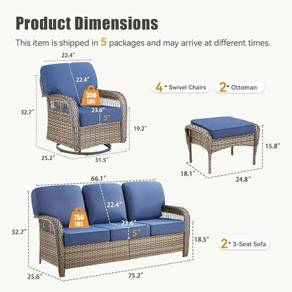 8 Pieces Patio Furniture Set Outdoor Sectional Sofa Couch with Rocking Swivel Chairs 5" Deep Seat Chairs, Modern Wicker Rattan Conversation Set, Blue/Gray Wicker