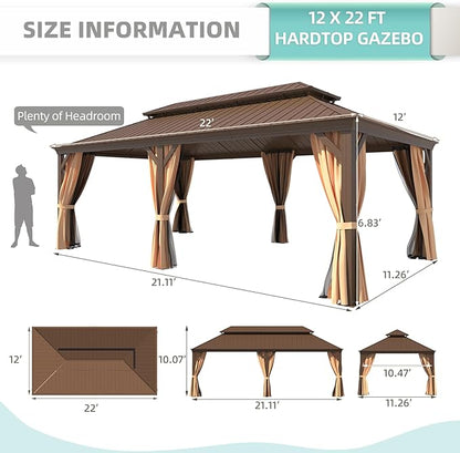 MELLCOM 12'x22' Hardtop Gazebo, Galvanized Steel Double Roof Canopy with Aluminum Frame, Permanent Metal Pavilion Gazebos with Netting and Curtains for Patio Backyard Deck and Lawns