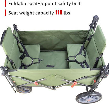 Collapsible Foldable Wagon Cart with Quick-Release Wheels & 2 Seats - Heavy-Duty Utility Folding Wagon 265LBS Capacity for Camping, Garden, Shopping (Green)