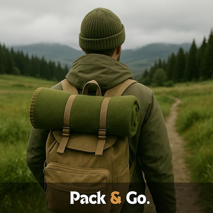 Wool Camping Blanket – 70% Wool Heavy-Duty Military Style Throw, Warm & Washable, Fire Retardant Cover for Emergency, Survival & Outdoor Use – Perfect for Camping, Car, Home & Hiking, Olive 62x84