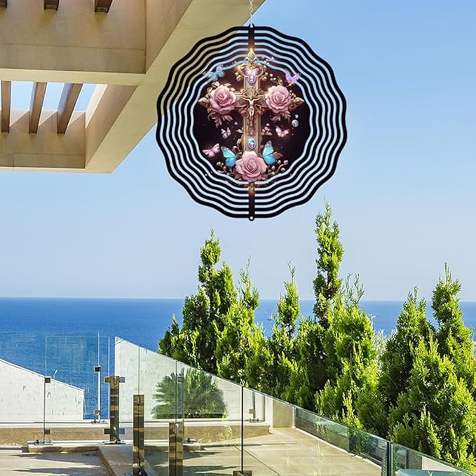 Jesus Cross Wind Spinner, Metal Wind Spinners Outdoor/Indoor, Cross Hanging Garden Decor for Outside, Stainless Wind Spinners for Yard and Garden 10 inch 3D (25.76X25 CM)